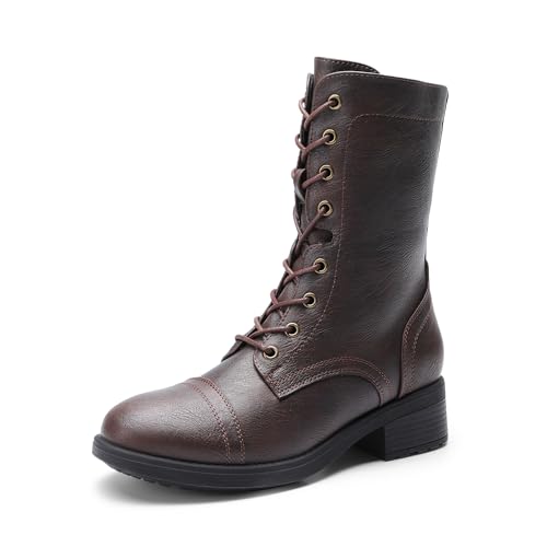 DREAM PAIRS Women's Lace up Mid Calf Combat Riding Military Boots 7 Dark Brown