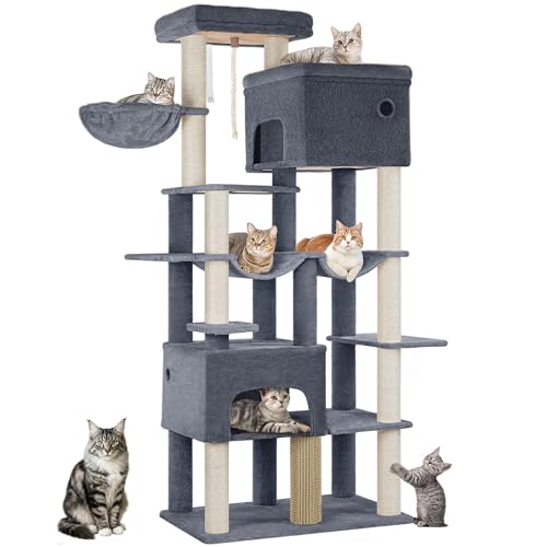 Hzuaneri Albero Gatto 200 cm Extra Large, Tiragraffi con 2 Cucce e 10 Sisal, Torre Resistente per Gatti Grandi Maine Coon, Include 2 Amache, Grigio Scuro MS20018SG