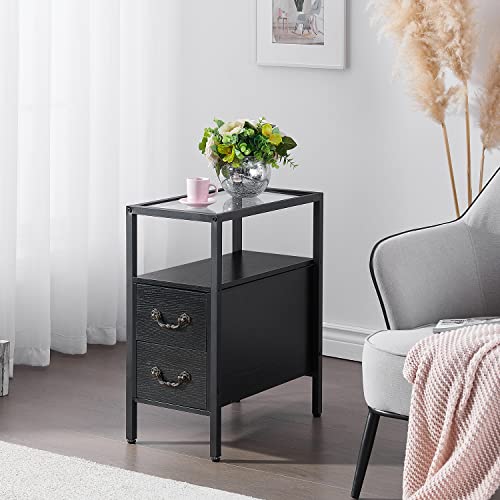 Vecelo End Tables Set Of 2, 24" Height Narrow Nightstands Modern Tall Night Stand With Drawers And Shelf For Living Room, Bedroom,Tempered Glass, 2 Pack(A), Black #TOP4