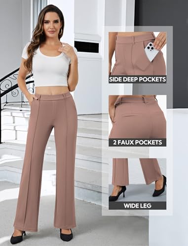 Women's Dress Pants Business Casual Stretchy Work Pants High Waisted Pull On Slacks Office Wide Leg Trousers Coffee4
