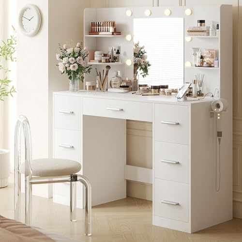 Image of YESHOMY Vanity Desk with Mirror, Power Outlet and 10 Lights, Makeup Table with 7 Drawers, 3 Color Modes Available for Bedroom, Pure White