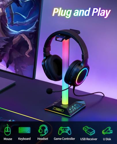 RGB Gaming Headset Stand, LED Headset Holder with 3 Charging Ports (2 USB & 1 Type-C) & 10 Lighting Modes, Headphone Stand Cool Stuff for Boys, Desk PC Gaming Accessories Gifts for Gamers Men Adult - Image 4