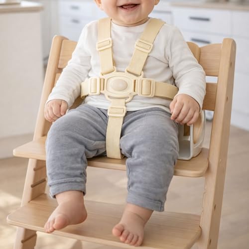 Hochstuhl 5-Punkt Gurtsystem, 1 Set, kompatibel mit Hauck, Stokke Tripp Trapp, Roba, uvm., in Beige, Gurt mit Brustclip, verstellbarer Kinderhochstuhl Sicherheitsgurt, Hochstuhlgurt 5 Punkte System