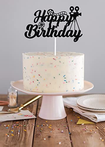 Movie Camera Happy Birthday Cake Topper, Happy Birthday Decoration, Camera Roll Movie Theme Cake Party Decor, Photographier Birthday Cake Topper, Movie Night Birthday Party Decorations Black Glitter #TOP4