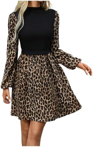 GORGLITTER Women's Cheetah Leopard Print Dress Casual Babydoll Peplum Long Sleev
