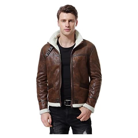 AOWOFS Men's Faux Leather Jacket Brown Motorcycle Bomber Shearling Suede Stand Collar Cover