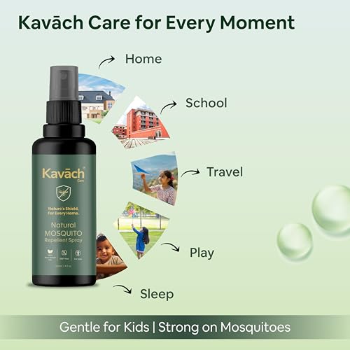 Image of Kavach Care Natural Mosquito Repellent Spray - DEET Free, Plant Based with Citronella & Lemongrass, Safe for Kids & Baby, 8 Hours Protection from Dengue & Malaria, Dermatologically Tested 120ml
