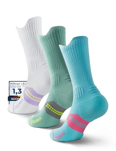 Juclise Bamboo Viscose Compression Running Crew Socks, Coolmax Moisture-Wicking Anti-Blister Hiking&Gym Athletic Socks (US, Alpha, Small, Regular, Regular, Bright Lilac+Frosty Green+Aqua)