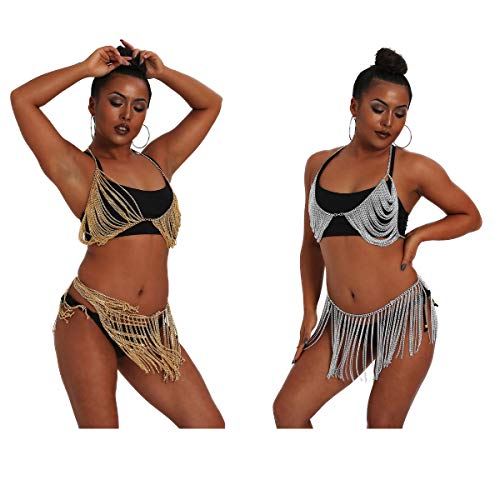 Sinkcangwu Womens Body Chain Suit Boho Rhinestone Bra Waist Belly Chain with Tassel Indian Dancing Skirt Dress for Party Halloween Costume Beach Bikini (Gold Metal) by Sinkcangwu - Image 5