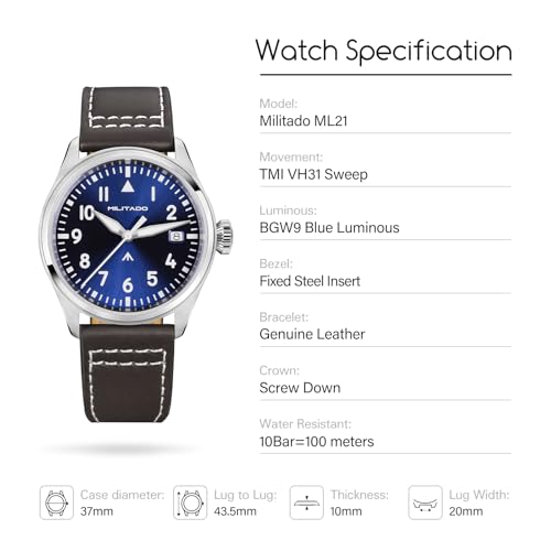 Image of TACTICAL FROG MILITADO ML21 37mm Aviation-Inspired Field Watch, VH31 Sweep /515 Quartz Movement, Sapphire Crystal, BGW9 Lume, 100M Waterproof Men's Casual Dress Watch