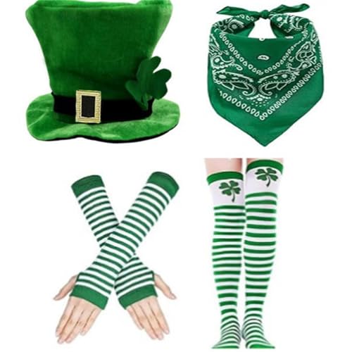 Wdbild Medias para mujer, 4 piezas de trébol alto, sombrero, calcetines, brazo, guantes, bandana, conjunto para fiesta del día de San Patricio y fiesta de carnaval, Juego 1, 6 5/8-7 1/8