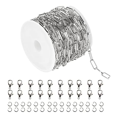 YOUBEIYEE 16.4 Feet Chains for Jewelry Making Silver Plated Brass Paperclip Chain Link Necklace Bulk on Spool with Jump Rings Lobster Clasps Cover