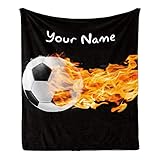 CUXWEOT Custom Blanket with Name Text,Personalized Fire Soccer Ball Super Soft Fleece Throw Blanket...