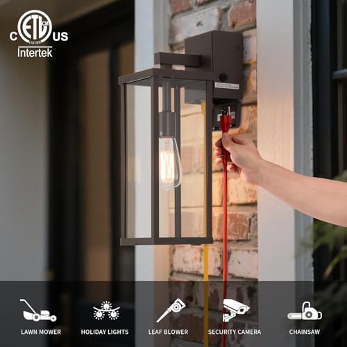 Image of mirrea 18 inch Classic Outdoor Wall Sconce with Built-in GFCI Outlet 1 Light in Oil Rubbed Bronze Rectangular Metal Frame and Clear Glass Shade Waterproof Porch Light Patio Light