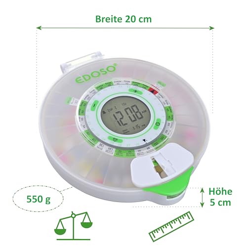 EDOSO Automatische Box für Medikamente Tabletten Ginkgo Biloba Ergänzungsmittel | Bei Vergesslichkeit im Alter oder leichter Demenz | 9 Alarme | Großes Display | Deutsche Ringe (Matt)