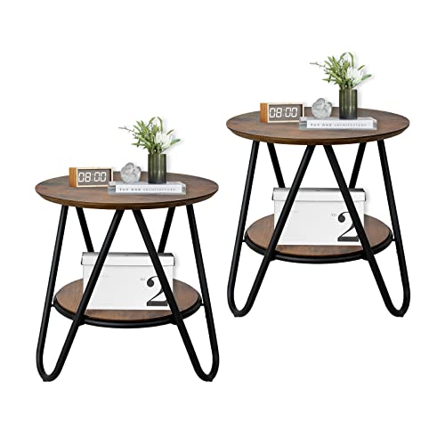 Ecomex Round End Tables Living Room Set Of 2, Small Round Side Table, Rustic End Table With Storage Shelf, 2 Tier Circle Side Table With Metal Legs, For Living Room Bedroom Entryway Home Office, Brown #TOP28