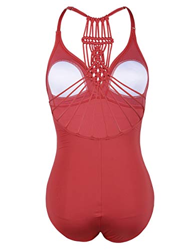 Image of Firpearl Women's Tummy Control One Piece Bathing Suits V Neck Swimsuits Hand-Braid Macrame Ruched Slimming Swimwear