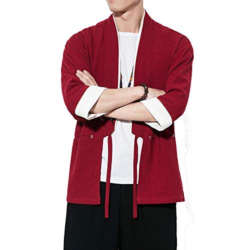 Image of Mens Japanese Kimono Cardigan Cotton Linen Haori Fashion 3 /4 Sleeve Yukata | Shawl Collar Kimono Jacket Robe Embroidery Patchwork Happi Coat Tie Pockets Lightweight Outerwear Daily Casual All Seasons