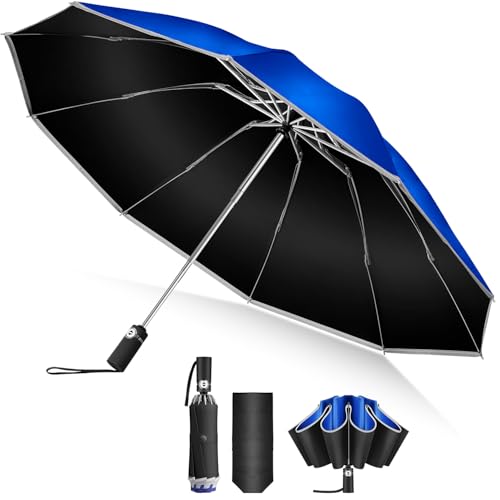 逆折り式10本骨 折りたたみ傘 ワンタッチ自動開閉 メンズ レディース兼用 耐風・豪雨対応 広幅105cm 大きい 反射テープ付き 遮光99%・UVカット99% 男子日傘 テフロン加工 折り畳み傘 収納ポーチ付き 晴雨兼用 梅雨対策 丈夫耐久