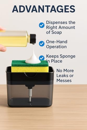Image of 2-in-1 Soap Dispenser for Dishwashing - Liquid Holder Pump with Instant Refill, Durable & Efficient Kitchen Washing Accessory, Easy One-Hand Use (Pack of 1) (Black)