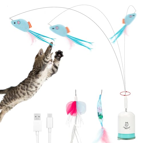 Migipaws Interaktives Katzenspielzeug mit starkem Saugnapf, 70 cm flexiblem Draht und DIY Biegedesign, Katzenangel mit Federn & Auto-Timer, Katzenspielzeug selbstbeschäftigung,wiederaufladbar