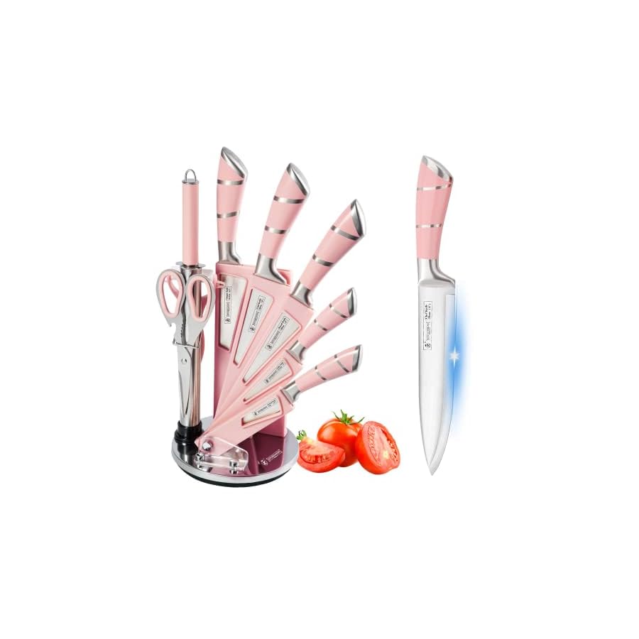 Knife-Set-9-Piece-Pink-Professional-Kitchen-Knife-Set-for-Chef-Super-Sharp-Knife-Set-with-Acrylic-Stand-Stainless-Steel-Knife-Block-Set-for-Kitchen-with-Sharpener-and-Scissors-Ergonomical-Design Knife Set, 9-Piece Pink Professional Kitchen Knife Set for Chef, Super Sharp Knife Set with Acrylic Stand, Stainless Steel Knife Block Set for Kitchen with Sharpener and Scissors, Ergonomical Design