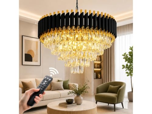Image of Modern Black & Gold Crystal Moving Chandelier, 500mm (50 Cm. (19.6 Inch) Round LED Pendant Light with Remote Control, Multicolour changing ,Luxury Contemporary Ceiling Light Fixture For decoration A