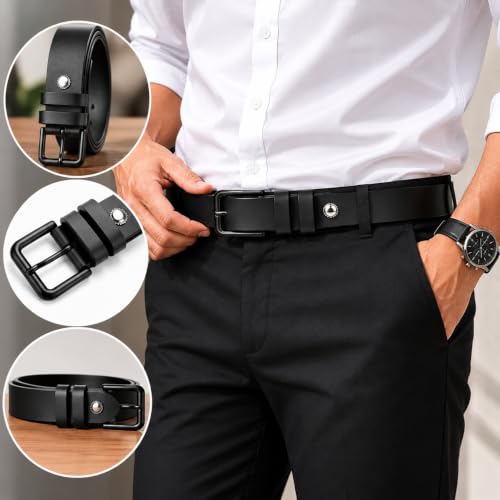 Image of Men's Black Leather Belt with Matte Black Pin Buckle