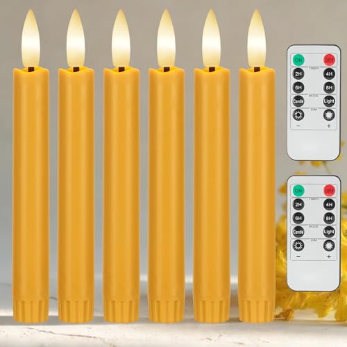 Image of Yellow Flameless Taper Candles with Remote, 6.4 inch Battery Operated LED Candles, Flickering Flameless Candlesticks for Table Centerpieces, Wedding, Farmhouse, Dinner Decor, Set of 6