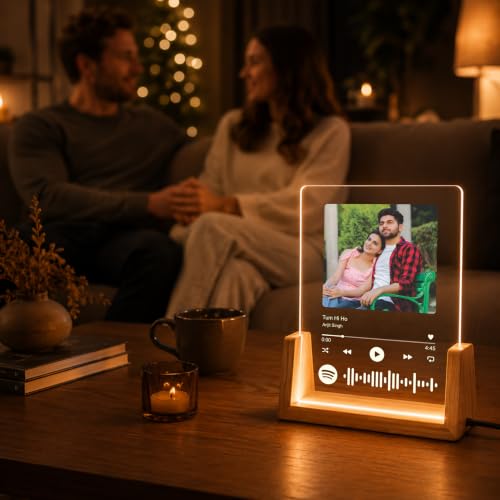 Image of Giftplease Custom Spotify Photo Frame with LED Light, Personalized Acrylic Music Plaque with Photo & Song QR Code, Wooden Base Night Lamp, Birthday, Anniversary, Valentine's | Husband, Wife, Mom, Dad
