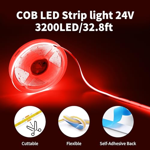 Image of COB Led Strip Lights Red, 32.8FT /10M 24V Cob Led Tape Lights 3200Leds CRI 93+ Flexible Dimmable Super Bright Lights Strip for Bedroom, Mirror, Cabinet, Kitchen Room Decor(with Adapter)