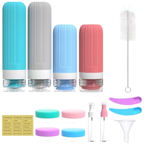 Set de Frascos de Viaje para Artículos de Aseo: Material de Silicona Antifugas, Incluye Bolsa de Almacenamiento, Frascos Flexibles Rellenables — Ideal para Champú y Lociones — Set de 16 Piezas