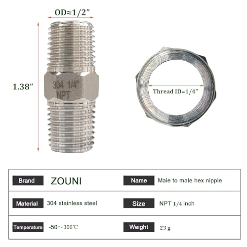 Zouni ZOUNI-230315001 5Pcs Hex Nipple 1/4 Inch Male X 1/4 Inch Male Pipe Fittings, 304 Stainless Steel Npt 1/4 Inch Male Threaded Pipe Adapter Fittings Equal Nipples Connectors thumb #5