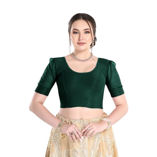 Image of FINESTFIT Stay On Trend Fashion 100% Cotton Readymade Blouses for Women,Round Neckline with Organza Balloon Sleeves.