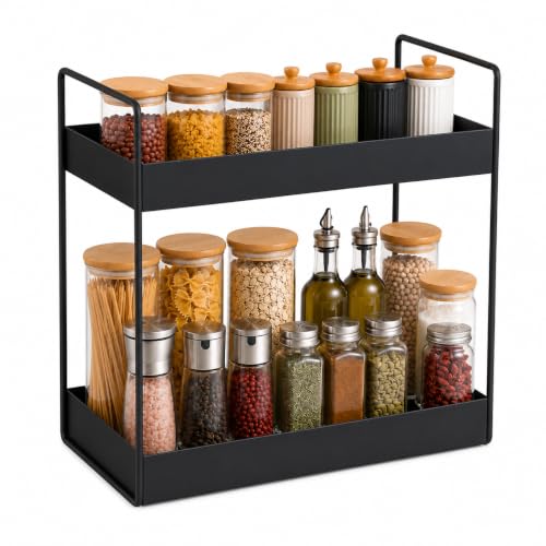 Image of Homeor 2-Tier Metal Countertop Organizer | Heavy Duty Standing Rack for Kitchen Spice Storage & Bathroom Vanity | Multi-Purpose Shelf For Kitchen, Cosmetic & Toiletry Display Shelf, Black