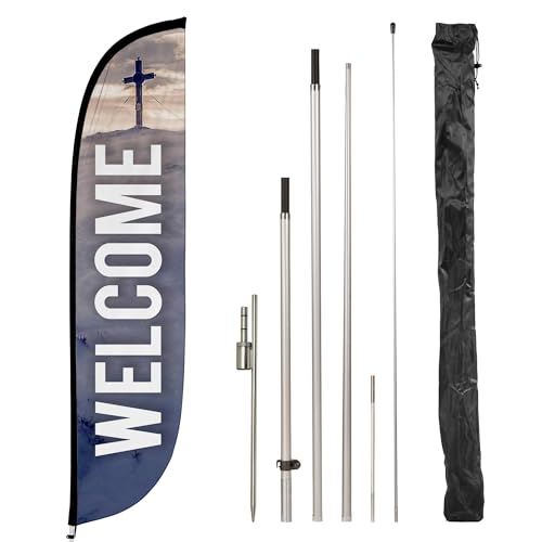 Image of LookOurWay Feather Flag Set, 12 ft Advertising Flag with Fiberglass Poles and Ground Spike for Business Promotion, Church Theme (Welcome)