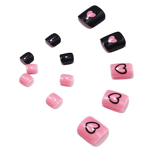 Handcess Glossy False Toenails Black Pink Press on Toe Nail Heart Fake Toenails Full Cover Acrylic Toe Nail Art Tips for Women and Girls 24Pcs - Image 4