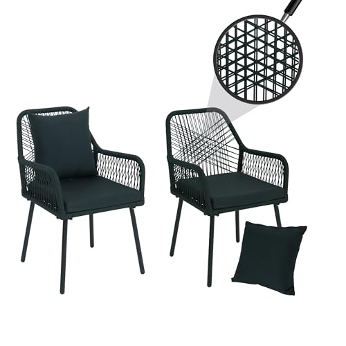 Mendler Juego de 2 sillas de jardín HWC-O12, cojín para asiento y respaldo de exterior, cuerda trenzada de aluminio, color verde, funda verde