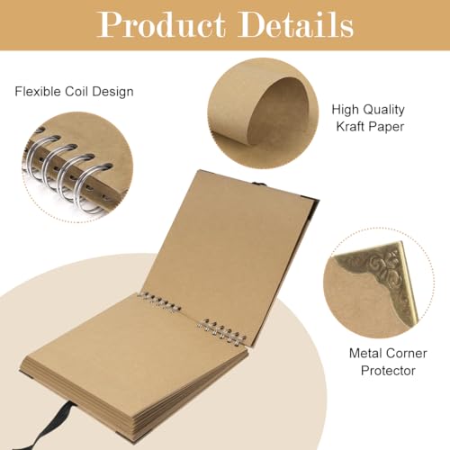 Image of HASTHIP DIY Scrapbook Album,8 inchx8 inch Thick Craft Paper Binder,60 Blank Pages with Ribbon Tie Closure,Photo Album for Baby Milestones,Art Scrapbook,Wedding,Birthday Memories,Gift Keepsake,Free Size,Brown