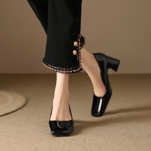 MIOKE Women's Chunky Mid Block Heel Pumps Square Toe Patent Leather Slip-On Comfort Dress Work Office Shoes4
