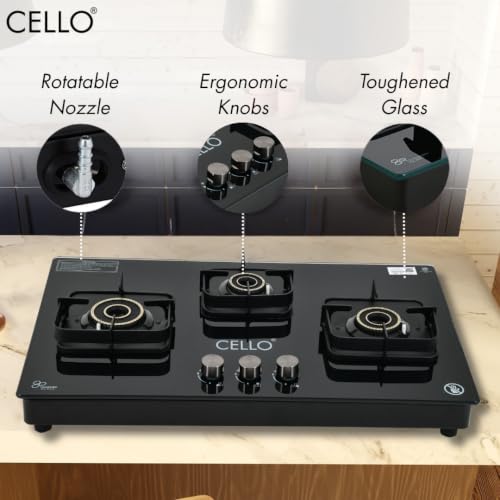 Image of Cello Pearl Plus Hob-Top 3 Burner | Manual Ignition | 8mm Toughened Glass | Flower Design Brass Burners | 1 Year Warranty by Cello | Black