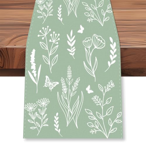 WADORN Tischläufer Mit Schmetterlings, 33x183cm Grüne Salbeiblätter Tischläufer Aus Leinen Mit Grünen Pflanzen Dekor Für Küche Esstisch Frühling Sommer Saisonal Bauernhaus Für Zuhause Küche Urlaub
