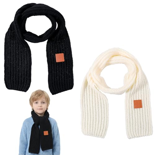 TIESOME 2 PCS Warm Kids Winter Knit Scarves, Fashion Soft Knitted Neck Warmer Kids Knit Scarf Warm Scarves Wrap for Boys Girls(Black Beige)