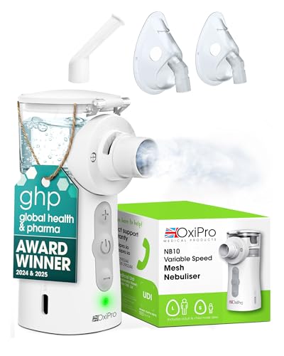 OxiPro NB10 Nebuliser - Health & Pharma Award Winner 2025 - Nebuliser Machine for Adults & Kids - Quiet 45dB Nebulizer - Ultra Fine 5 μm Nebulisation for Home Use - Masks for Adults & Kids