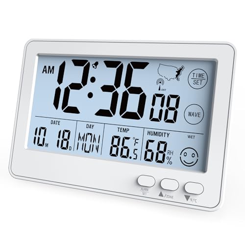 KJMOPRO Small Desk Atomic Clock, Auto Set Digital Desk Clocks with Temperature, Humidity and Date, Alarm Clock for Bedroom, Office, 4 Time Zone, (White)