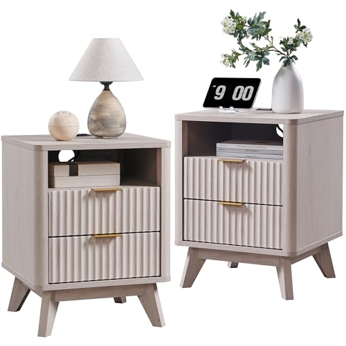 T4TREAM Fluted Nightstand Set of 2 with Charging Station, 18"