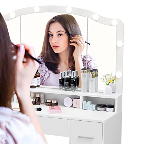 usikey 43.3" Vanity Desk with Large Lighted Mirror, Makeup Vanity Table with 7 Drawers & 10 Lights Bulbs, 3 Lighting Colors, Make Vanity Desk, Vanity Table for Women Girls, White