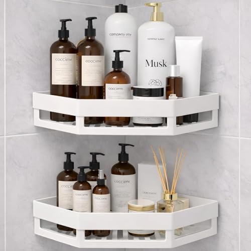 Image of 2 Pcs Diamond Shape Plastic Bathroom Corner Shelf Wall Mounted, Self Adhesive Shower Organizer Rack with Hooks, Waterproof Storage Stand for Kitchen, Wash Basin & Bathroom Accessories (White, 2 Pack)