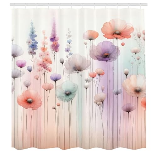 ABAKUHAUS Blumig Duschvorhang, Traumhafte Silhouetten von Fantasy Wäldern sanfte Mohnblumen & Lavendel, Stoffliches Gewebe Badezimmerdekorationsset mit Haken, 175 x 180 cm, Koralle Flieder Minzgrün