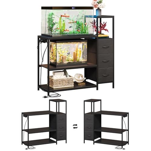 Image of 20 Gallon Aquarium Stand with Power Outlets Fish Tank Stand with 3 Drawers Metal Frame Heavy Duty Reptile Tank Stand with 3-Tier Storage Shelves,Left /Right Assembly, Adjustment Height (Black)